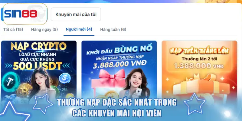 Khuyến Mãi Hội Viên SIN88 - Tặng Thưởng Cực Sốc Mỗi Ngày 2 Thưởng nạp đặc sắc nhất trong các khuyến mãi hội viên